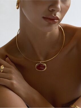 Gold Choker Necklace with Red Oval Pendant - Women Jewelry